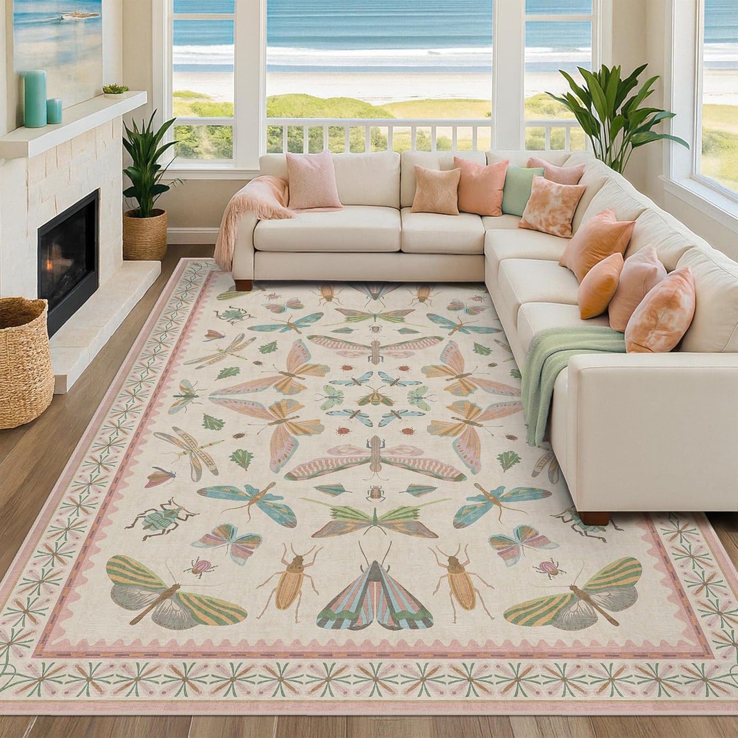 Cute Rugs for Bedroom Girls - Pink Living Room Rugs 8X10, Dining Room Table, Washable Pastel Flower Insect Print Whimsical Décor