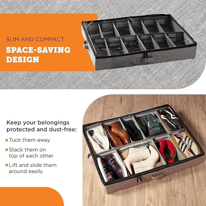 storageLAB Slim Under Bed Storage Containers, Closet Organizers with Sturdy Handles for Clothes, Comforters, and Accessories, Use Under or at the End of the Bed - 2 Pack, Dark Grey