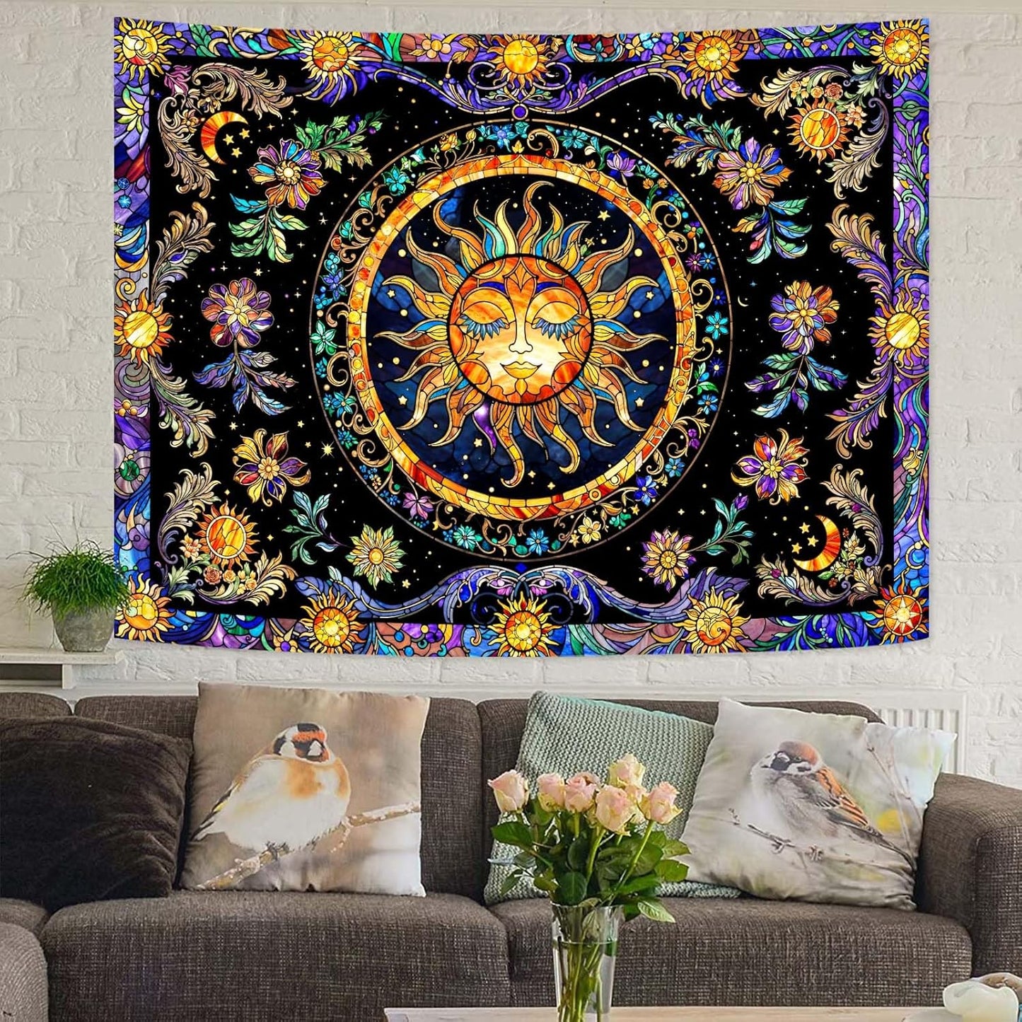 Lunerfex Sun Tapestry Stained Glass Tapestry Wall Decor Tapestries for Bedroom Boho Tapestries Wall Hanging for Bedroom Living Room Glass-Sun-01 44"x60"