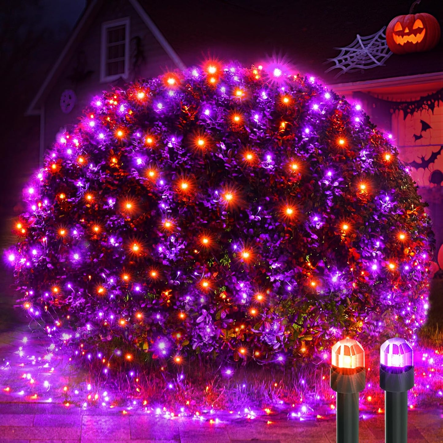 WBao Orange Purple Halloween Lights Outdoor 200LED F8 Big Bulbs, 8.4ft x 5.2ft Halloween Net Lights with 8 Modes, Timer, Connectable, Waterproof & Dark Green Wire for Lawn, Bushes Outdoor Decorations