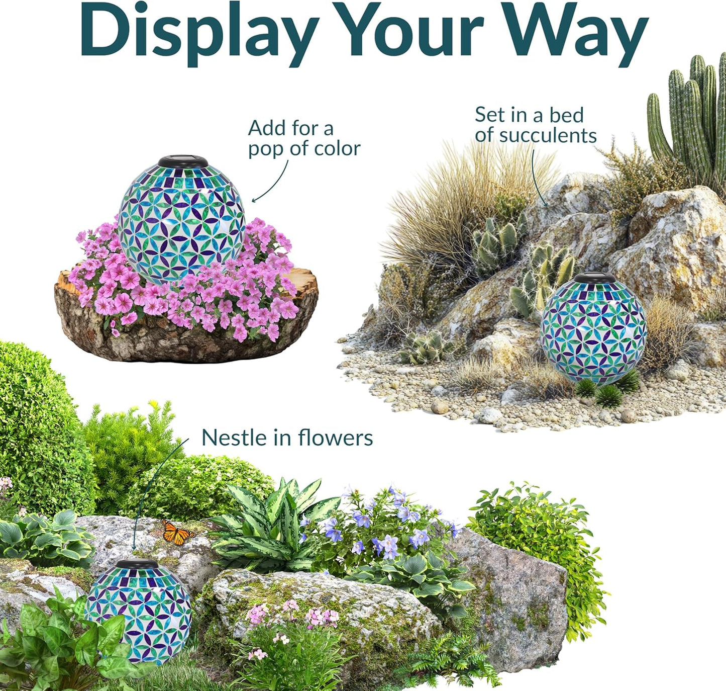 Sunnydaze Cool Blooms 10" Mosaic Glass Garden Gazing Globe with LED Solar Light - Set of 2