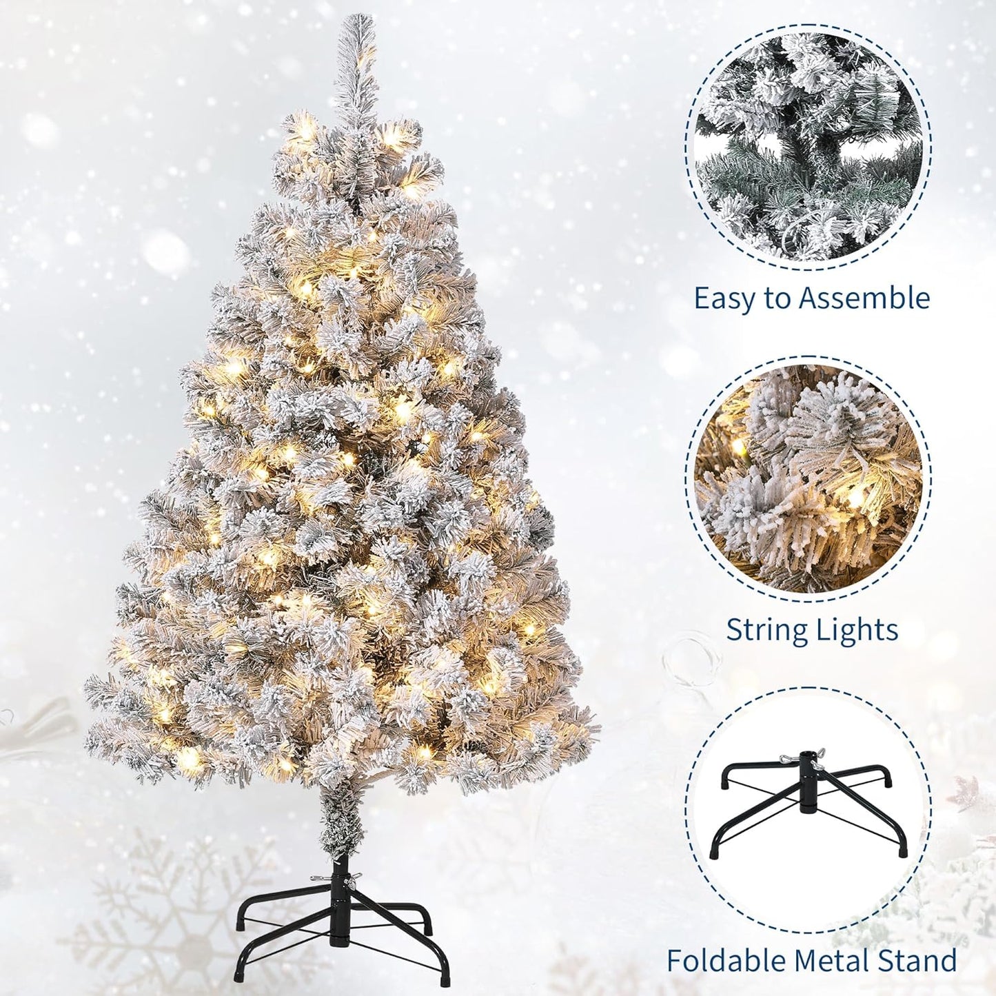 GarveeHome 6ft Prelit Artificial Christmas Tree with Warm White Lights, Snow Flocked Full Xmas Tree with 710 Branch Tips, 250 LED Lights & Foldable Stand, Green & White Christmas Decorations