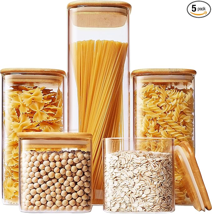 Square Glass Jars with Bamboo Lids [Muti Size Set of 5], Glass Canisters with Airtight Lids, Glass Food Storage Containers for Pasta, Cereal, Flour, Sugar, Best for Kitchen & Pantry