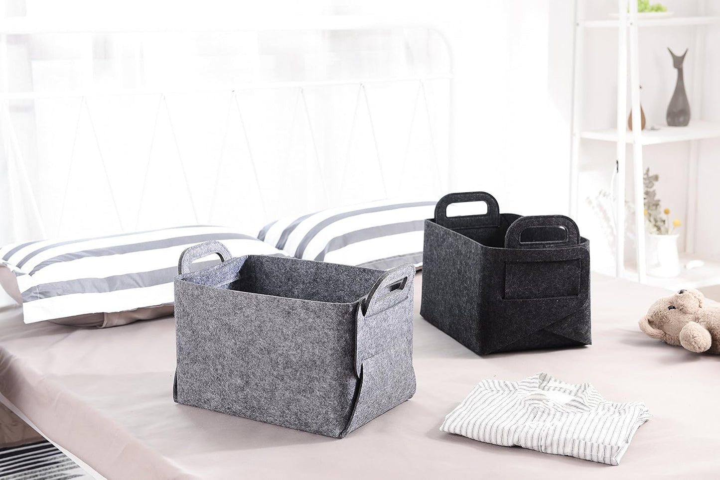 Minoisome Storage Basket Felt Storage Bin Collapsible& Convenient Box Organizer with Carry Handles for Office Bedroom Closet Babies Nursery Toys Laundry (Grey, 13.8inch（L）×9.5inch（W）×8.3inch（H）)