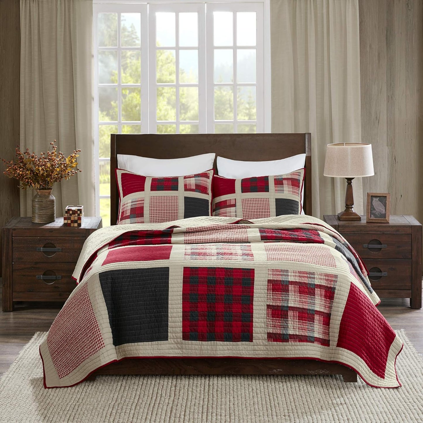 Woolrich Reversible Quilt Cabin Lifestyle Design - All Season, Breathable Coverlet Bedspread Bedding Set, Matching Shams, Oversized King/Cal King, Huntington Plaid Red, 3 Piece