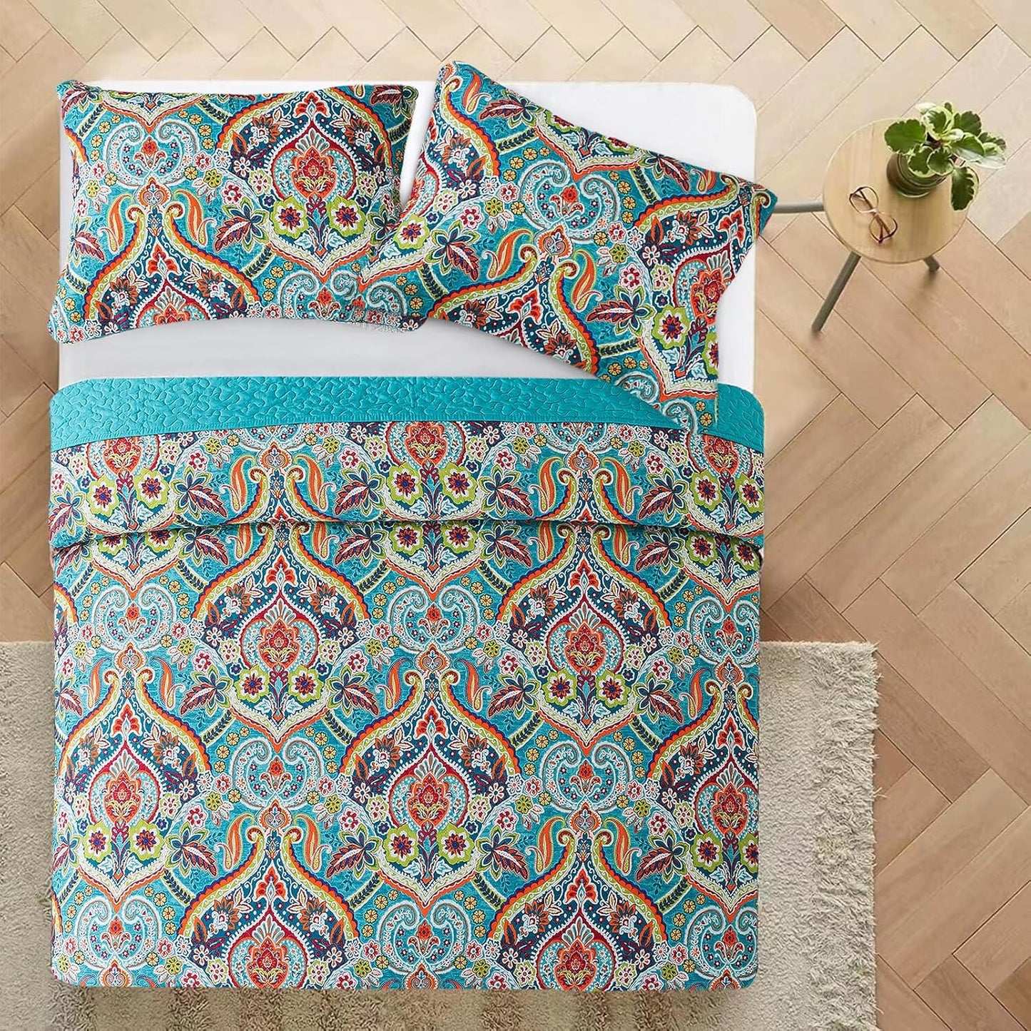 VAPUTAR Quilt King Bedding Set - Soft Cotton Quilts with Paisley Floral Pattern - Lightweight Reversible Bedspreads for Farmhouse (3 Pieces, Bright Teal)