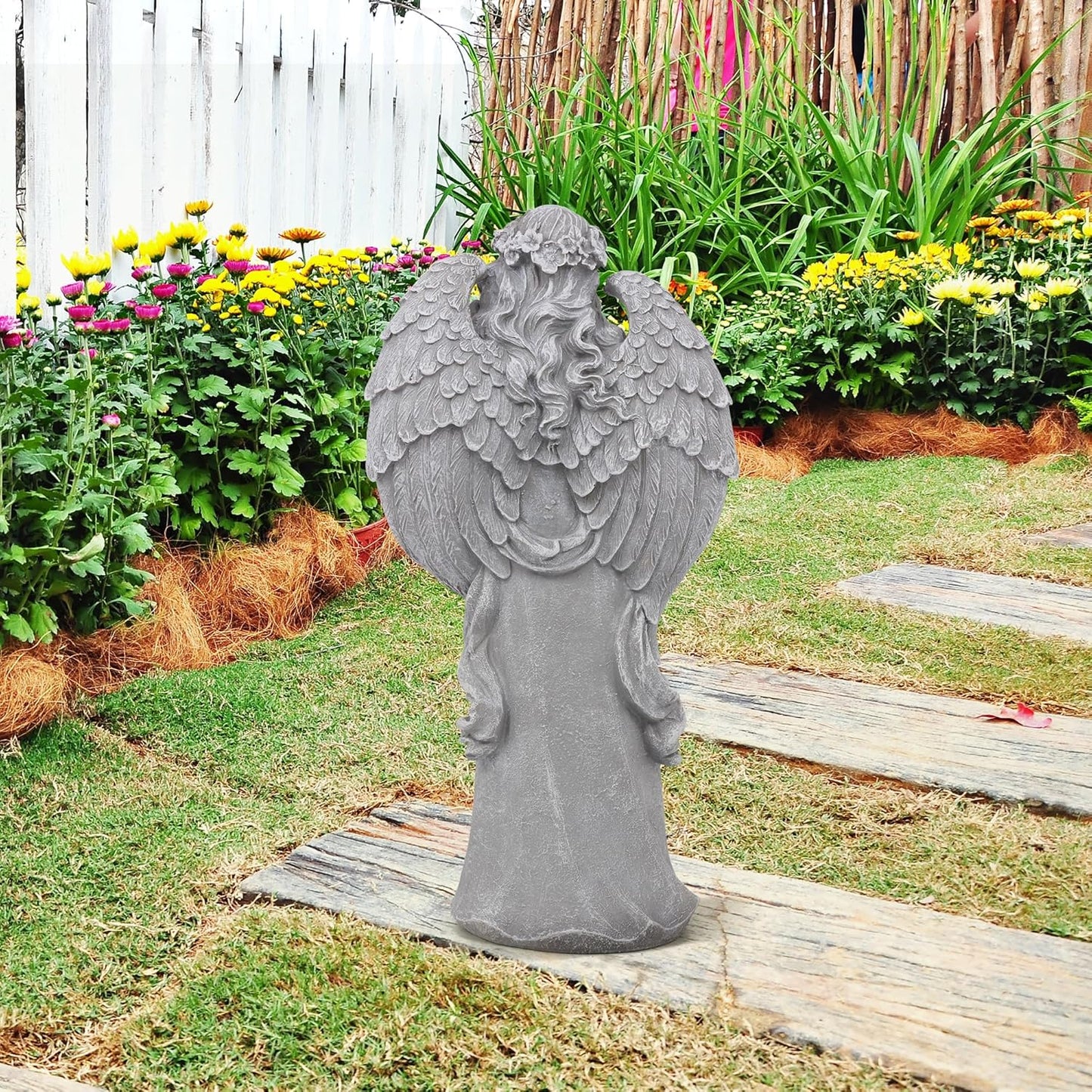Outdoor Statues Angel Décor Garden Statue- 23.5" H Angel Statue,Resin Angel with Bird Figurine, Ideal for Yard, Patio, Deck, Home Entryway, and Hallway（Grey）