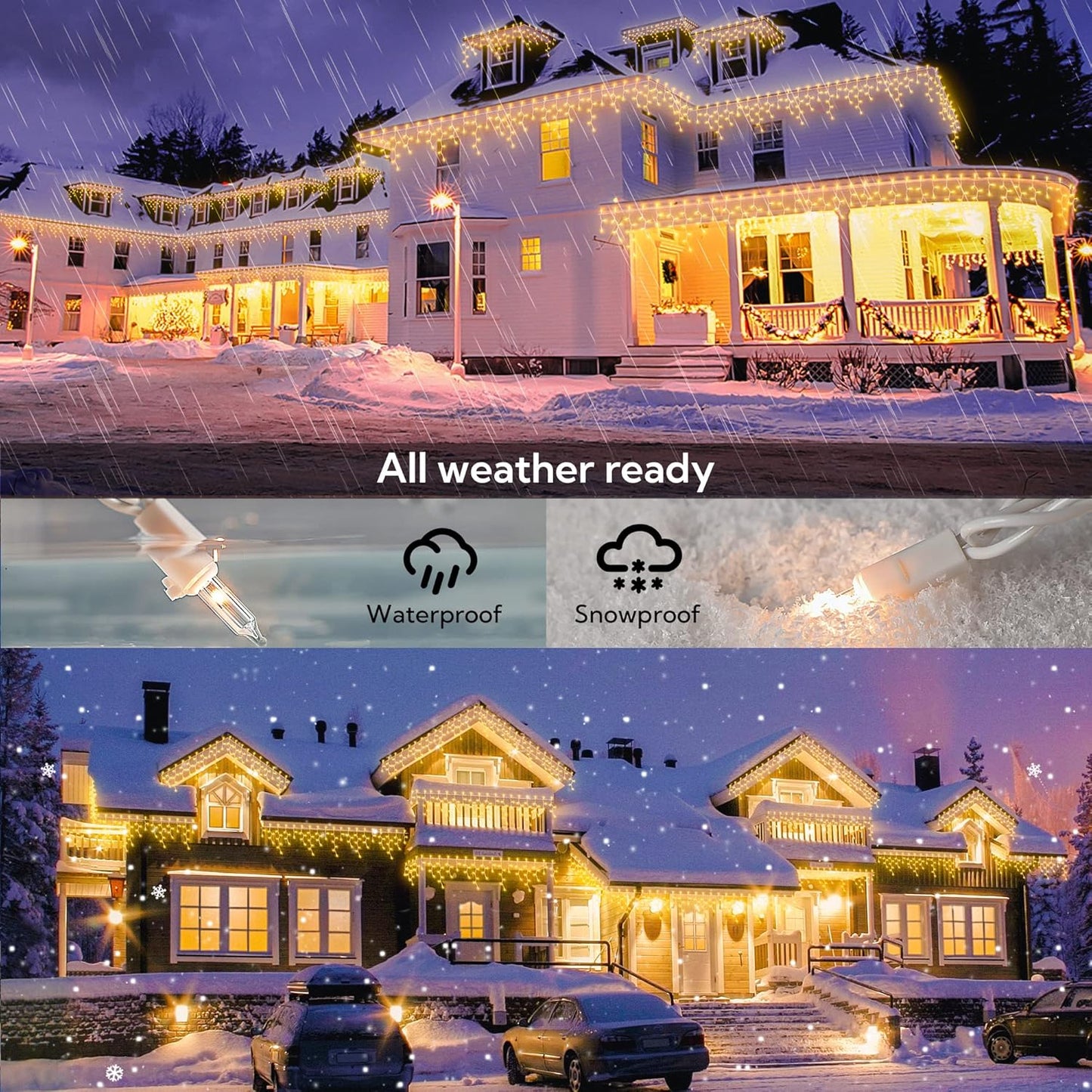 200 Christmas Icicle Lights, Warm White Clear Bulbs with 23FT Long White Wire, Professional Grade String Lights for Indoor & Outdoor,Xmas,Party, Patio, Courtyard, Window, Fence, Trees Decor