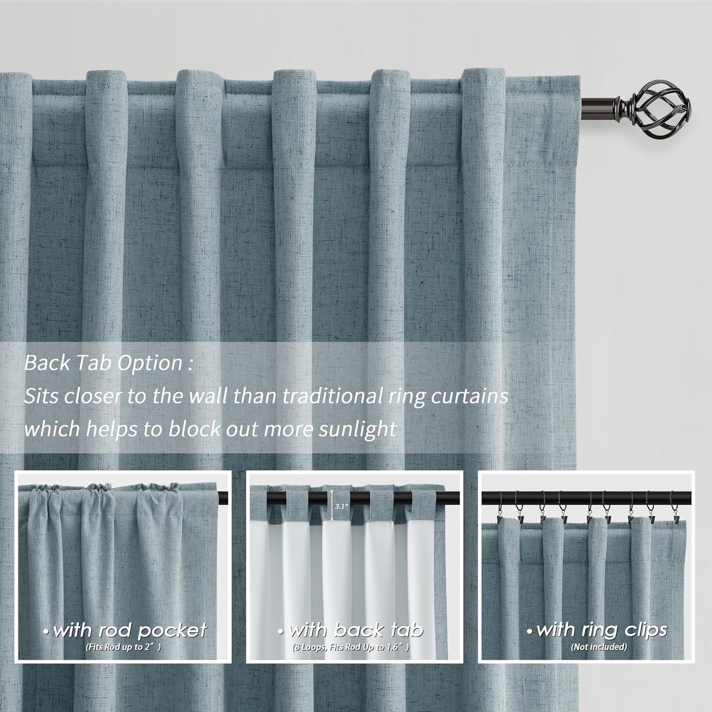 BOODII 63 Inch Blackout Curtains Linen Black Out Curtains for Bedroom 2 Panels Set Neutral Room Darkening Curtain Stone Blue Thermal Insulated Curtain for Nursery Window Drapes Back Tab 52x63
