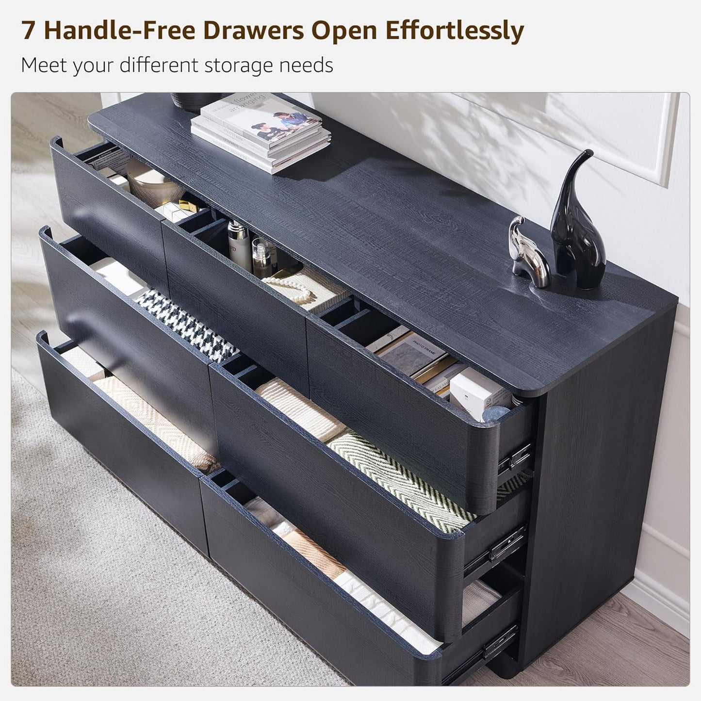 Modern 7 Drawer Dresser for Bedroom, 52" Wide Handleless Chest of Drawers, Push-to-Open Large Wood Storage, Dresser TV Stand for Bedroom, Living Room, Hallway, Curved Profile, Black