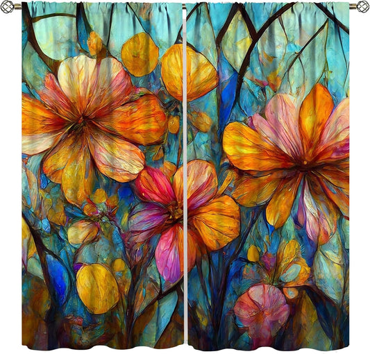 Stained Glass Curtains,Magic Forest Colorful Flowers Abstract Art Home Decor Drapes for Bedroom Living Room Kitchen Window Treatment 2 Panels Set Total Size 84" W X 84" L Inch