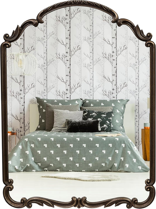 English Estate Carved Arch Wood Wall Mirror, Mirror for Entryway, Living Room, Bathroom, Antique Black, 22x30