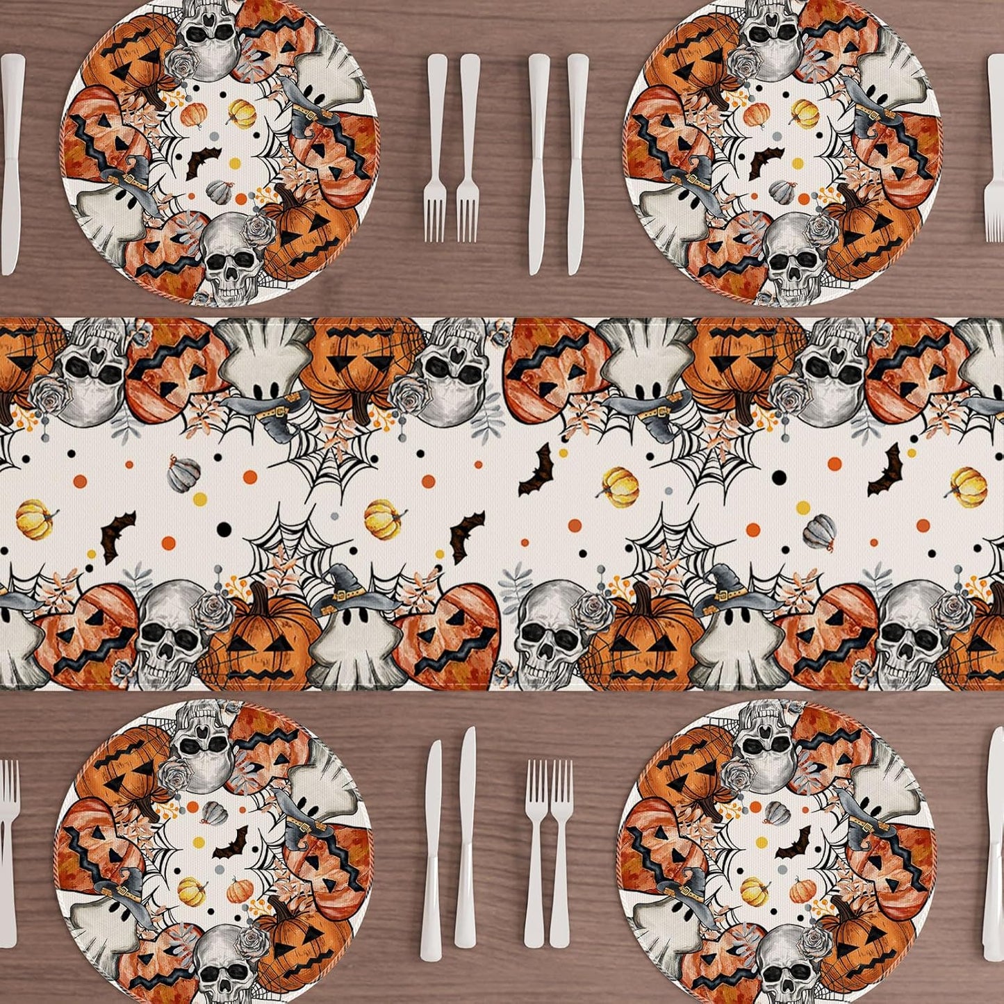 XCHI Spooky Skeleton Ghost Pumpkin Halloween Round Placemats Set of 4 Table Mats for Party Home Kitchen Dining Table Decorations 14x14 Inch