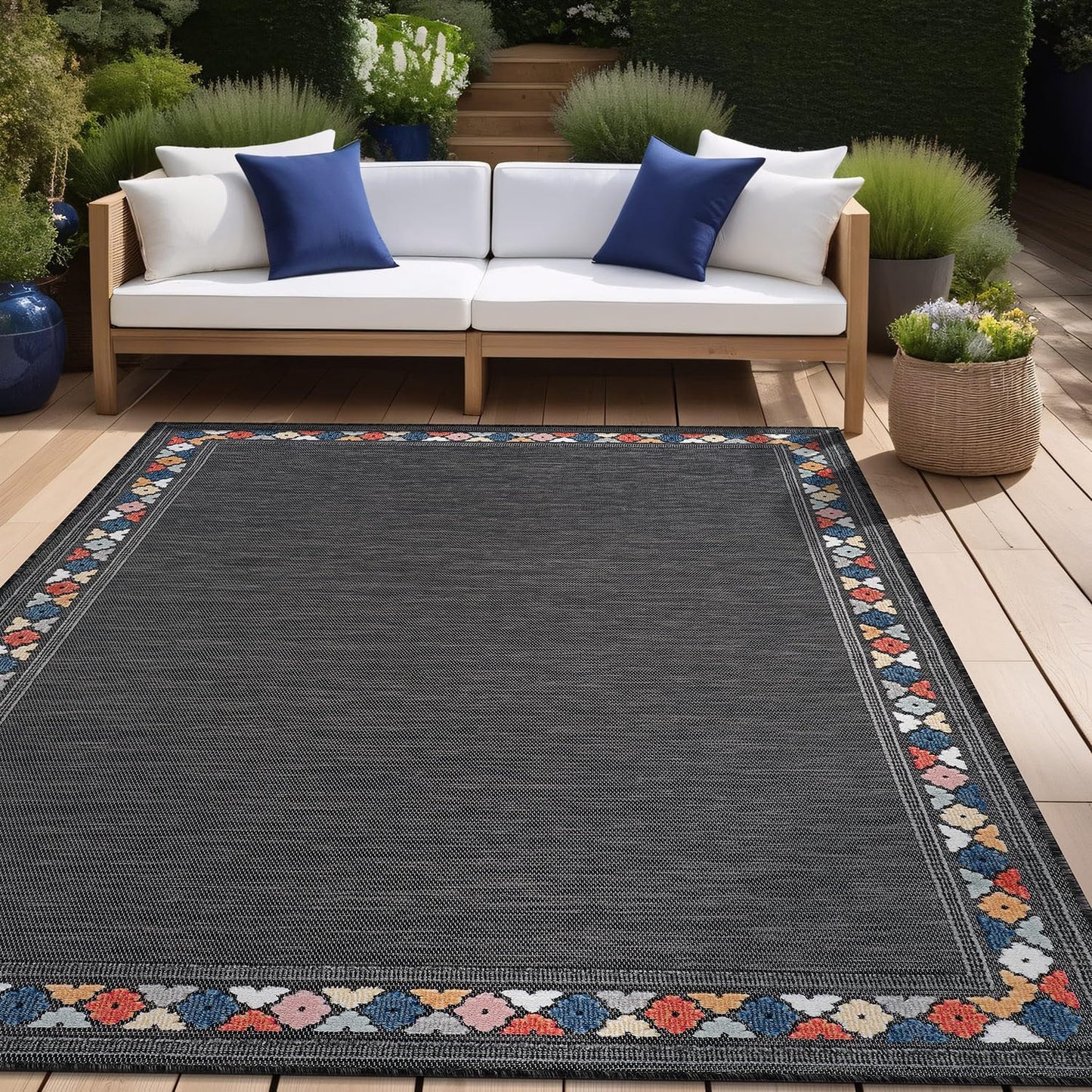 Beverly Rug Outdoor Rug 4x6 Modern Bordered Area Rugs for Indoor and Outdoor Patio Easy to Clean Non Shedding Living Room Porch Garden Washable Outside Carpet (4 x 6 Dark Gray)