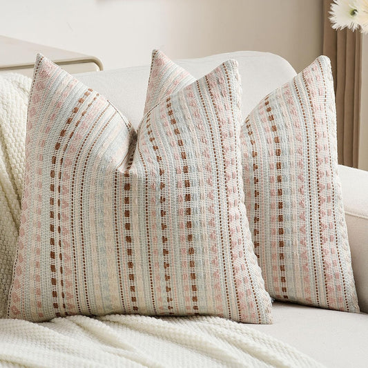 FUTEI Pink Blue Decorative Throw Pillow Covers 24x24 Inch Set of 2,Soft Cozy Chenille Jacquard Textured Euro Pillow Shams,Boho Home Decor for Couch Bed Living Room