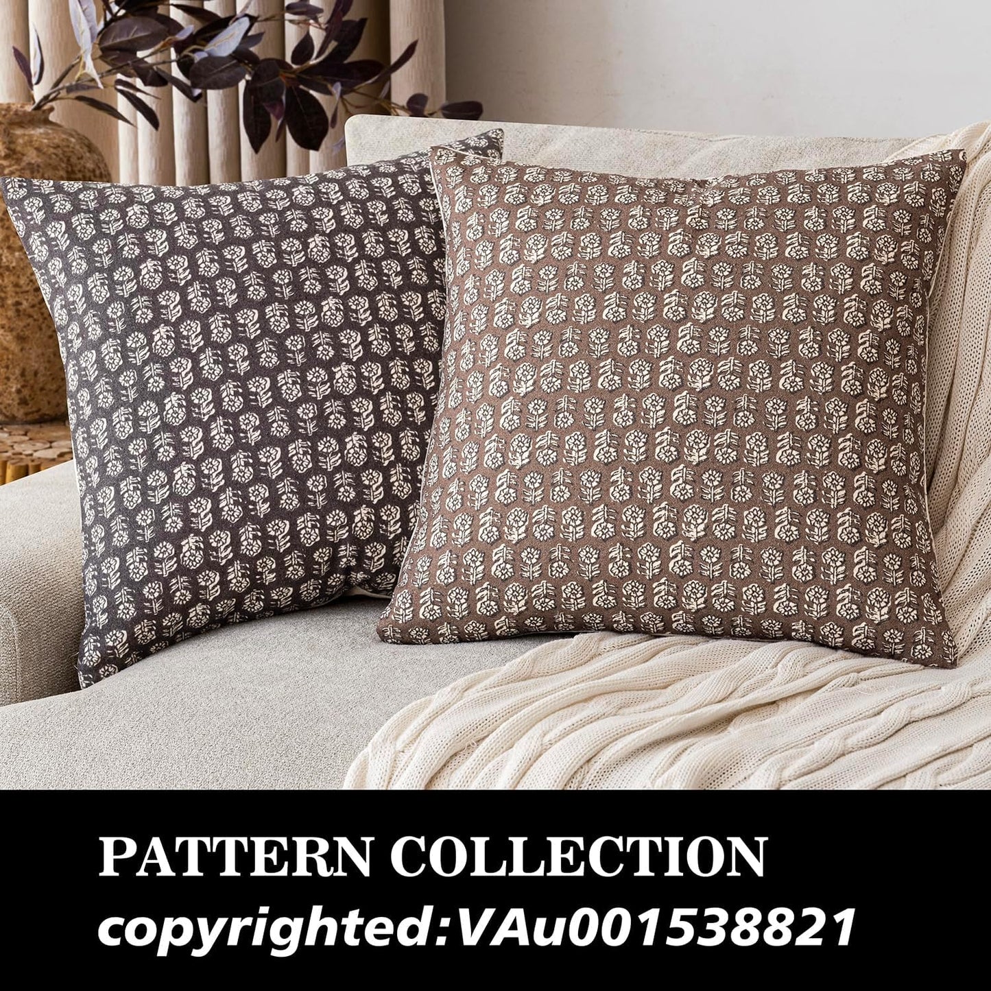 Foindtower Set of 2 Decorative Neutral Floral Print Throw Pillow Covers Vintage Accent Farmhouse Cushion Covers Boho Home Decor for Sofa Couch Chair Bedroom Living Room Outdoor,24×24 Inch,Brown