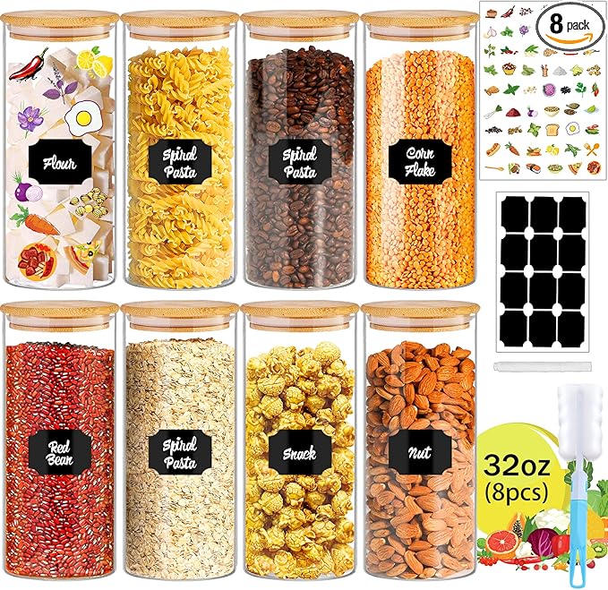 32 oz 8 Pcs Glass Jars with Bamboo Lids, Stackable Clear Food Storage Jars, Airtight Kichen Glass Pantry Storage Containers with Lids for Rice, Candy, Sugar, Flour, Nuts, Cookie, Coffee Bean