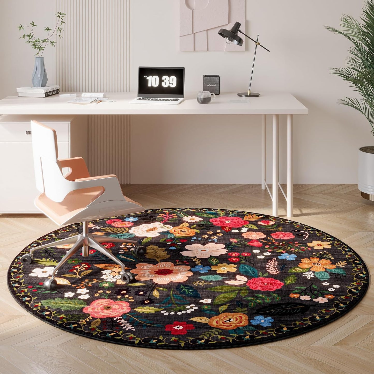 Round Rug 4ft Washable Circle Rug Non Slip Low Pile Boho Floral Small Circular Rug for Bedroom, Bathroom, Entryway, Kids Room, Office, College Dorm(Black)