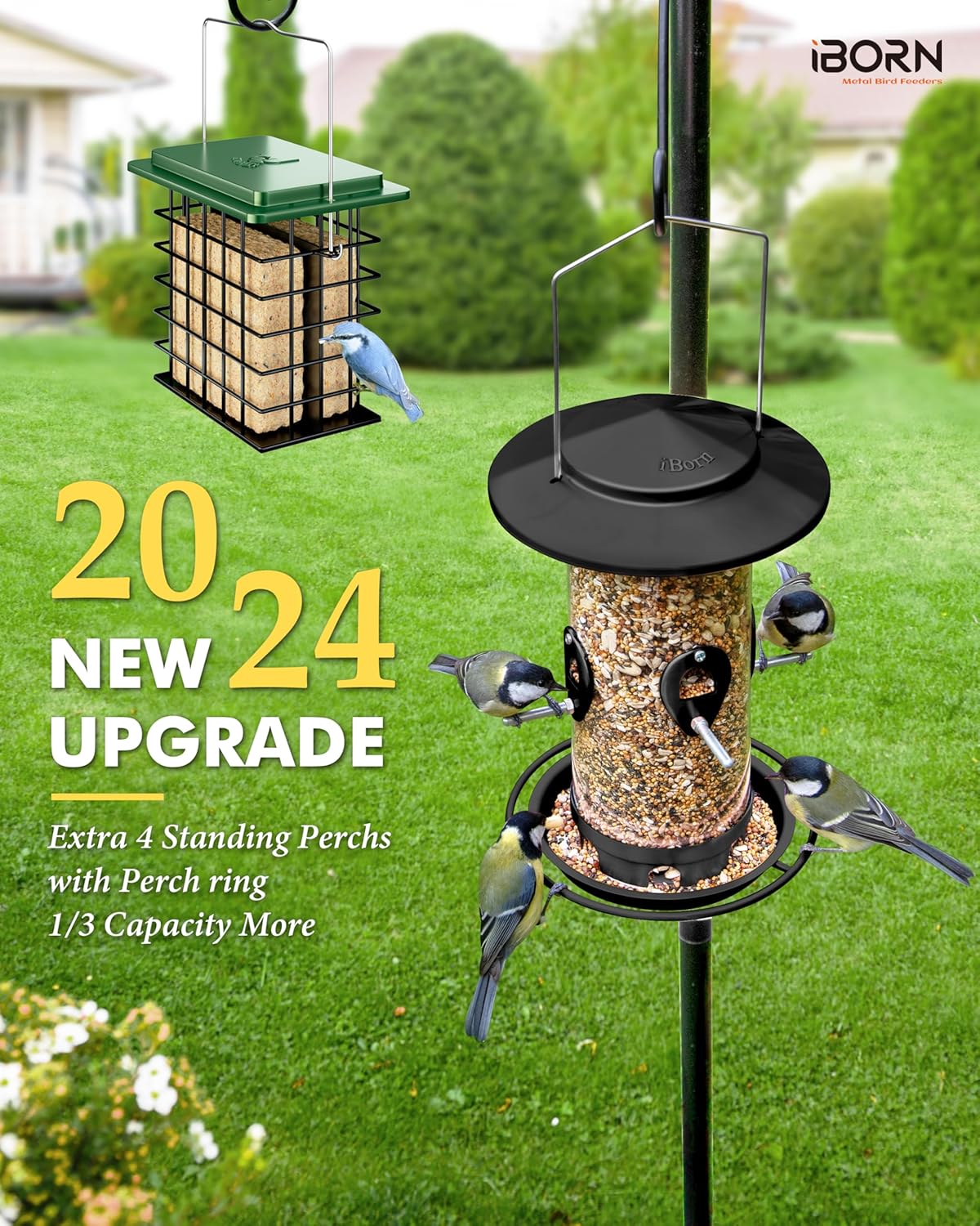 iBorn Metal Bird Feeder for Outside Hanging,Wild Bird Feeders for Cardinal,18cm Large Roof&Tray Black 10 Port(Seed is not Included)