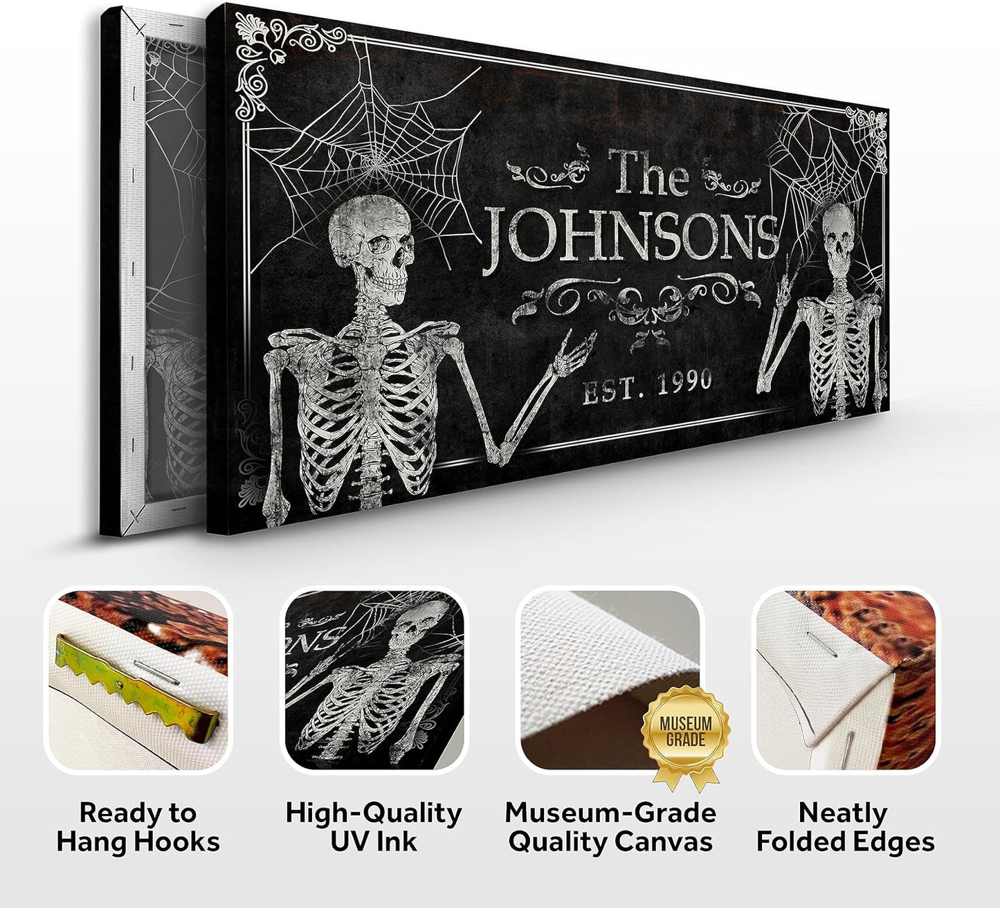 Tailored Canvases Gothic Family Wall Decor - Personalized Grunge Vintage Skeleton Room Decor for Home, Halloween Lovers, Men & Women for Bedroom, Living Room - Custom Couple Name, White Print, 60"x30"