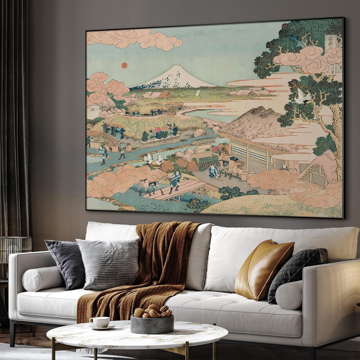 SIGNWIN 46"x60" Extra Large Framed Wall Art Japanese Ukiyo-e Landscape, Timeless Mt. Fuji Scene for Zen-Inspired or Asian-Style Interiors for Home Living Room Bedroom Decor (Frame Assembly Required)