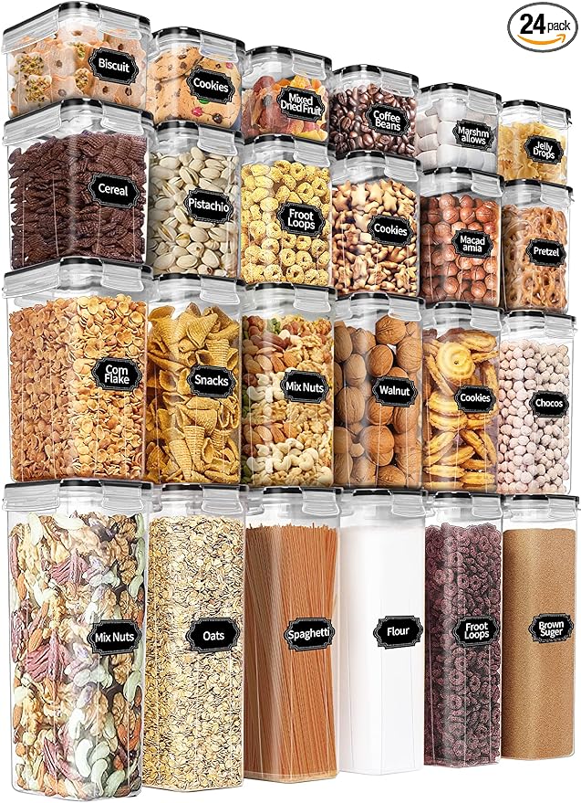 PRAKI Airtight Food Storage Containers Set with Lids - 24 PCS, BPA Free Kitchen and Pantry Organization, Plastic Leak-proof Canisters for Cereal Flour & Sugar - Labels & Marker