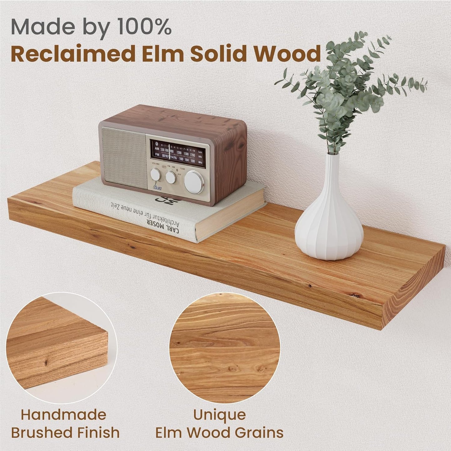 Floating Shelves for Wall Decor, 8" Deep Rustic Solid Elm Wood Floating Shelves Wall Mounted, Wall Shelves with Invisible Bracket for Living Room Bathroom Bedroom Kitchen, 24 Inch Set of 2, Natural