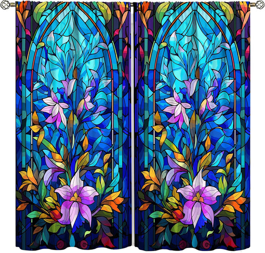 Stained Glass Curtains,Abstract Colorful Floral Geometric Art Home Decor Drapes for Bedroom Living Room Kitchen Window Treatment 2 Panels Set Total Size 55" W X 63" L Inch