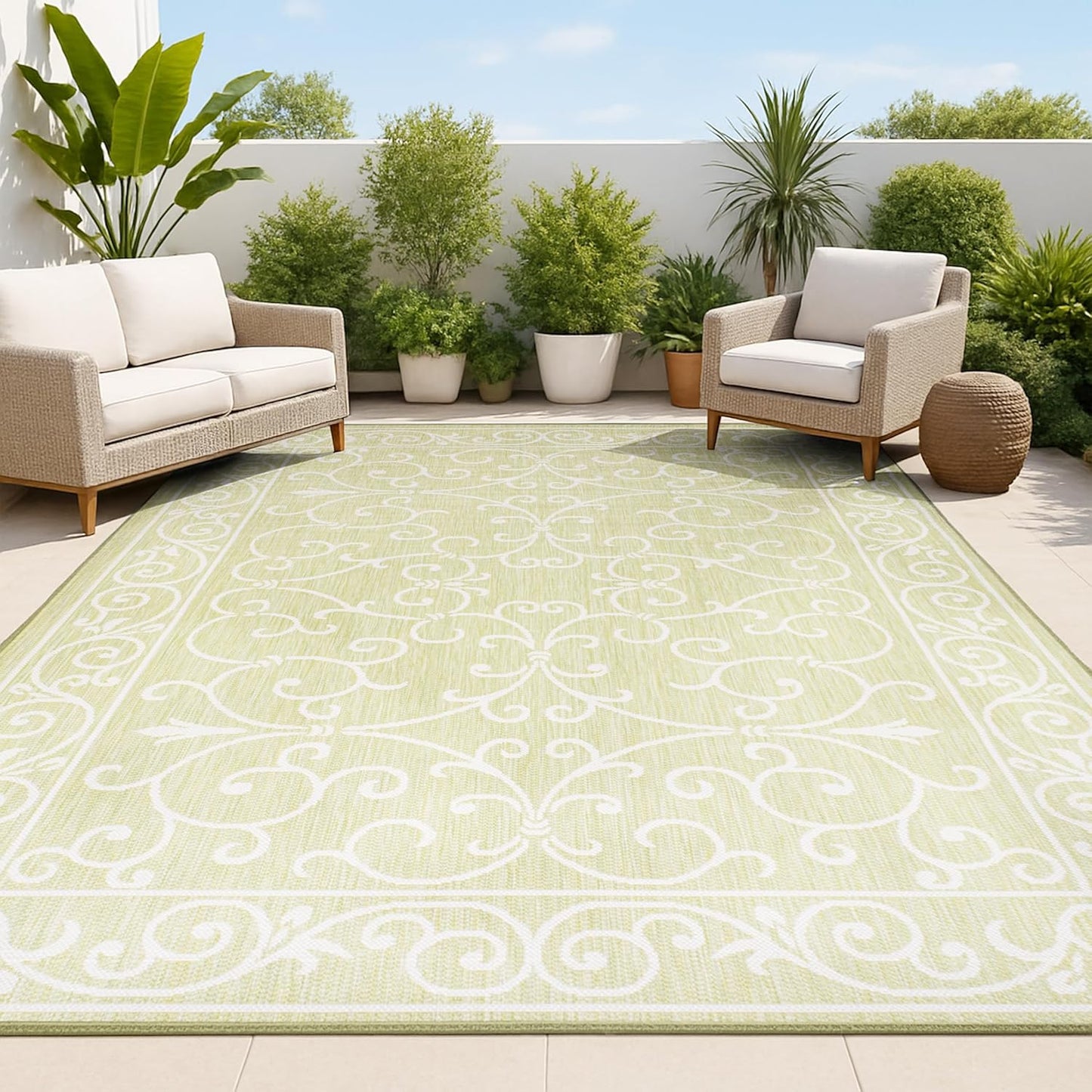 JONATHAN Y Vintage Filigree Indoor Outdoor Area Rug 8X10 Green/Cream, Charleston Textured Weave for Backyard, Patio, Porch, Easy-Cleaning, High Traffic, Pet-Friendly, Non-Shedding (SMB106H-8)
