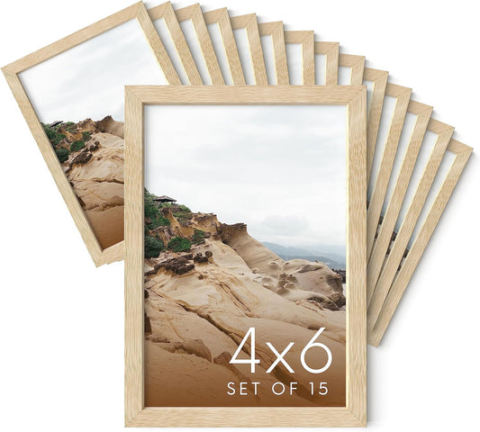 Haus and Hues 4x6 Natural Oak Wood Photo Frame Set of 15 - Mini Picture Frames Bulk Gallery Set - Premium Bulk Picture Frames 4x6 for Stylish Photo Gallery Wall Frame Set - Ideal for Home & Office