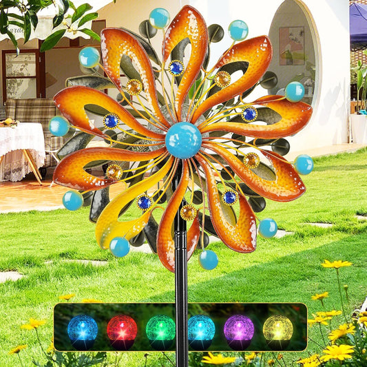 Wind Spinners for Yard and Garden - Wind Sculptures & Spinners 75 in Garden Kinetic Art with Solar Powered Multi-Color Glass Ball Light - Gradient Brown