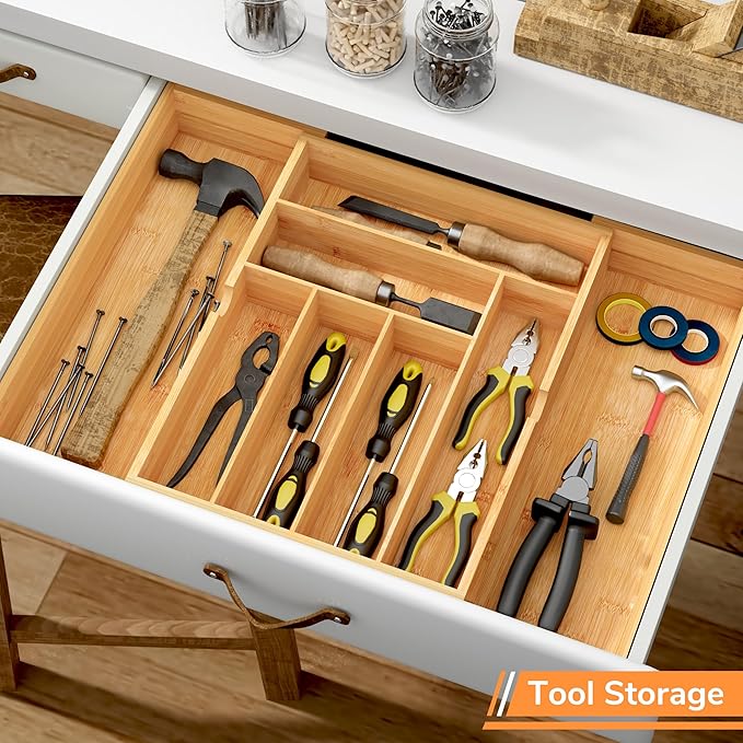 BAMEOS 3" Deepth Expandable Drawer Organizer, Deep Flatware Organizer, Adjustable Silverware Organizer, Bamboo Drawer Organizer for Kitchen, Bathroom (Natural)