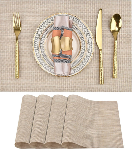 Placemats Set of 4 - Easy Clean Washable Vinyl Placemats - Wipeable Heat Resistant Table Mats for Dining Table - 17.7x11.8 Inch (4, Beige)