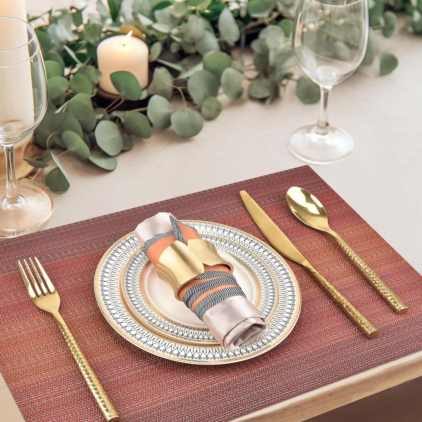 Placemats Set of 6 - Easy Clean Washable Vinyl Placemats - Wipeable Heat Resistant Table Mats for Dining Table - 17.7x11.8 Inch (6, Red Gradient)