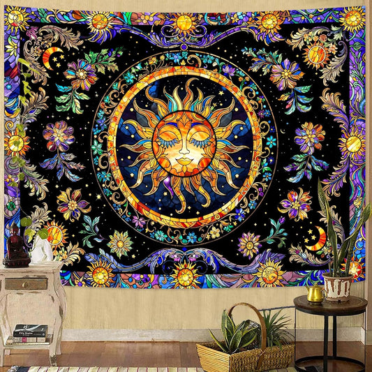 Lunerfex Sun Tapestry Stained Glass Tapestry Wall Decor Tapestries for Bedroom Boho Tapestries Wall Hanging for Bedroom Living Room Glass-Sun-01 44"x60"
