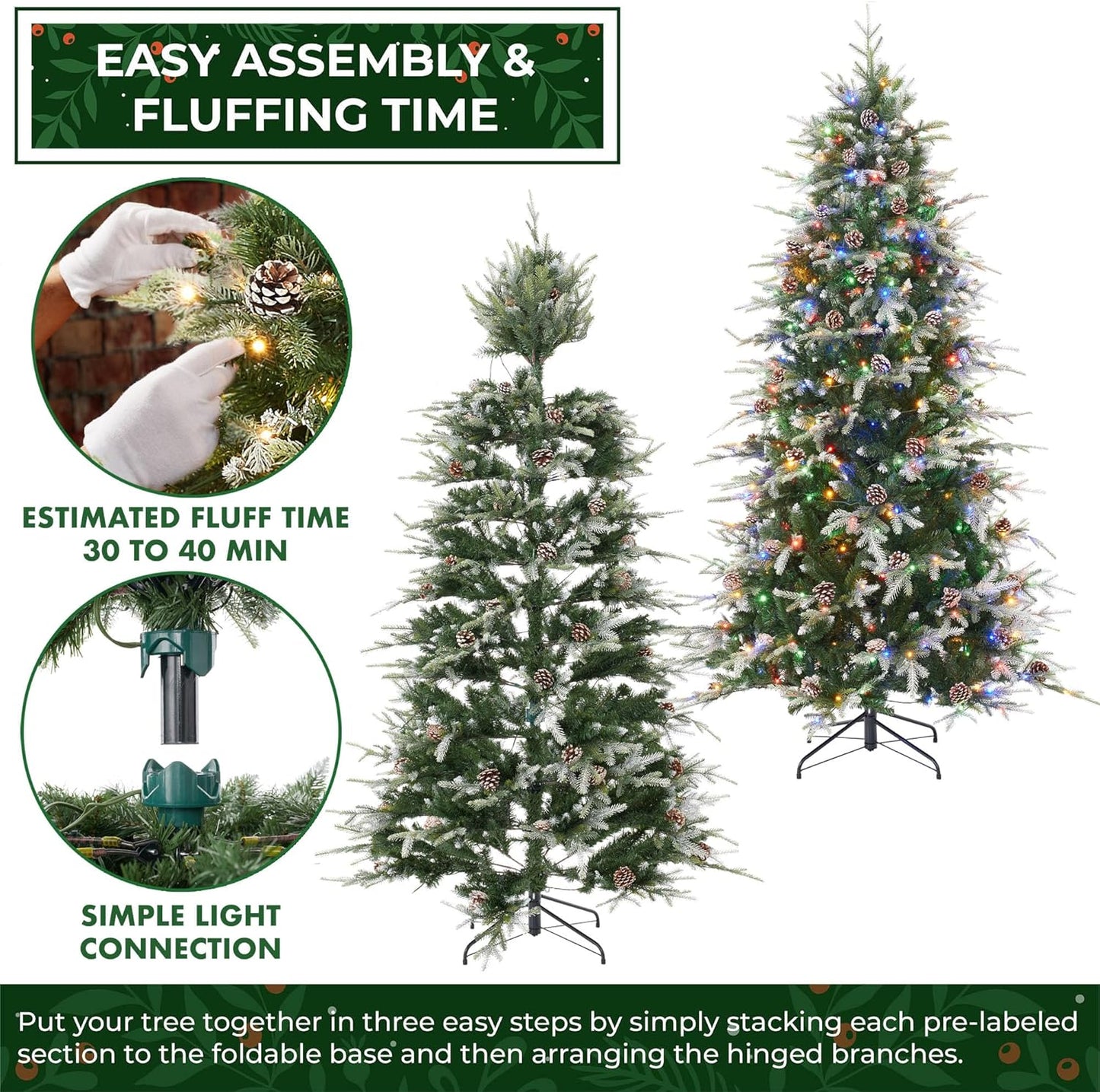 Casafield 7.5FT Pre-Lit Frosted Slim Aspen Fir Artificial Holiday Christmas Tree with White & Multicolored LED Lights, Partially Flocked Realistic Noble Fir with Metal Stand