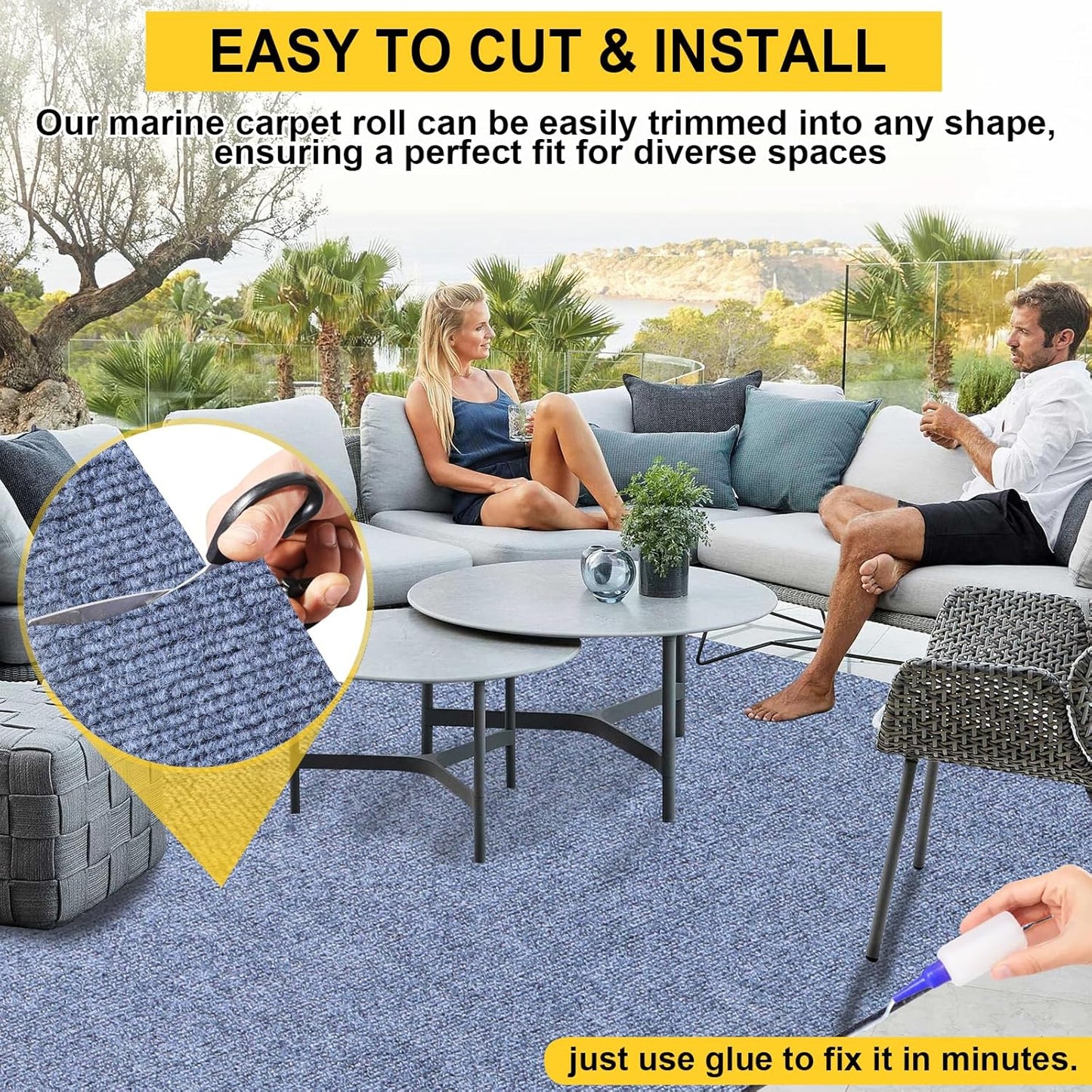 Marine Carpet,6 FT x 14 FT Blue-Gray Indoor Outdoor Carpet 0.2" Thick Boat Carpet with Water-Proof TPE Backing, Non-Slide Outdoor Marine Carpet Roll for Home, Patio, Porch, Deck