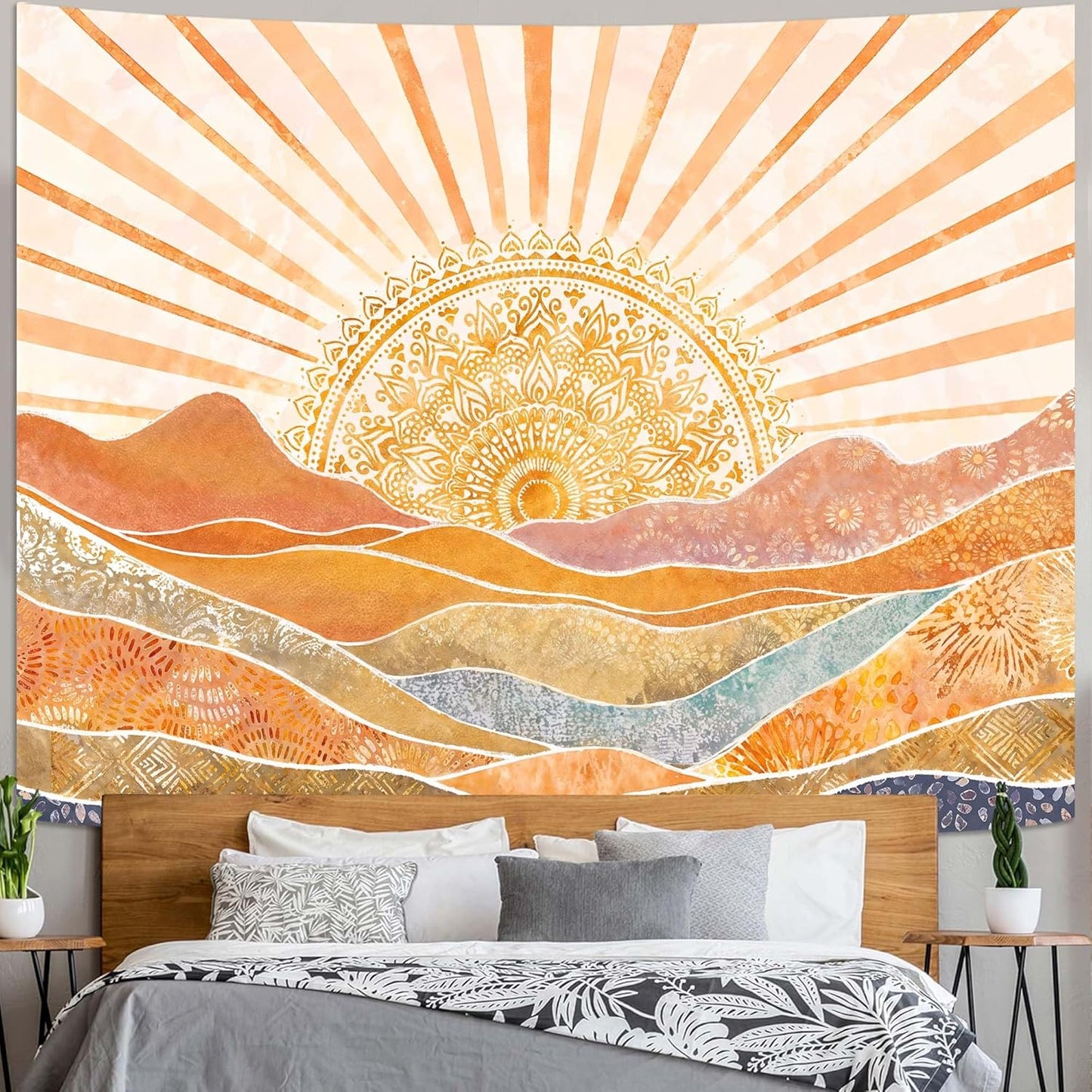 Lunerfex Bohemian Mandala Sunrise Wall Tapestry, Abstract Mountain Scenery Tapestries for Home Decor, Boho Tapestry 90x70 Inch