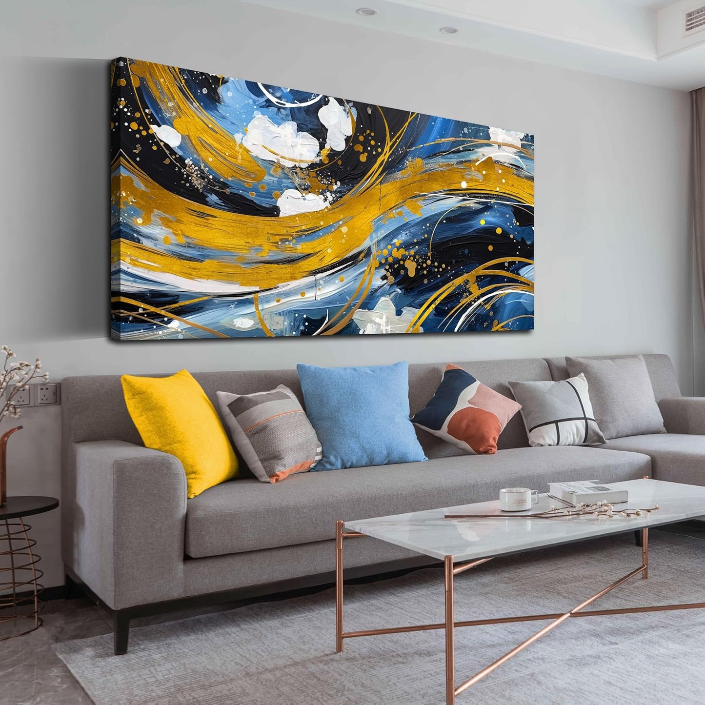 ENTANUB Abstract Canvas Wall Art for Living Room, Gold and Blue Wall Decor for Bedroom, Print Paintings Artwork, Size 29x59 Inches