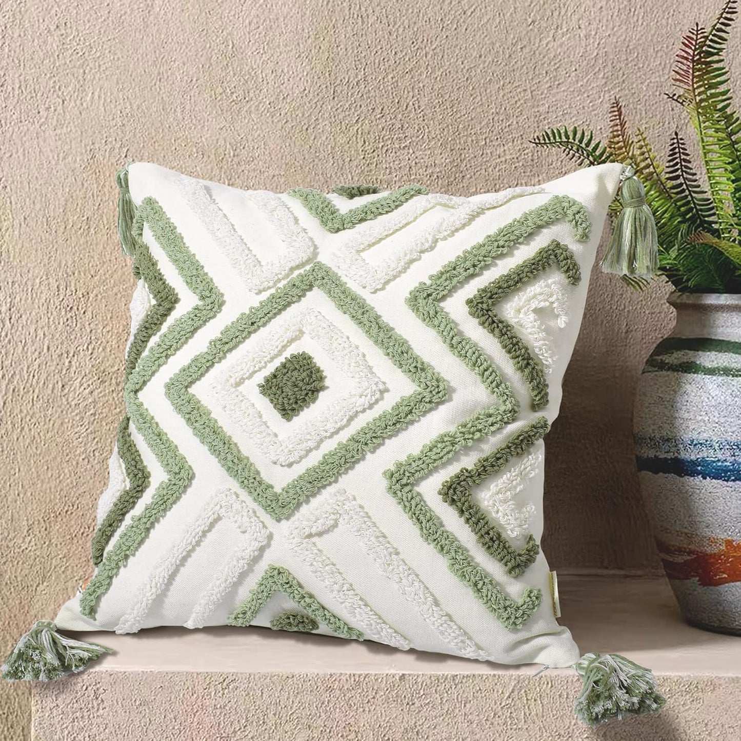 Boho Pillow Covers 18X18 Inch Boho Tufted Throw Pillow Covers Decorative Tassels Cushion Cover Farmhouse Pillow Case for Couch Sofa Bed Living Room Bedroom, Green