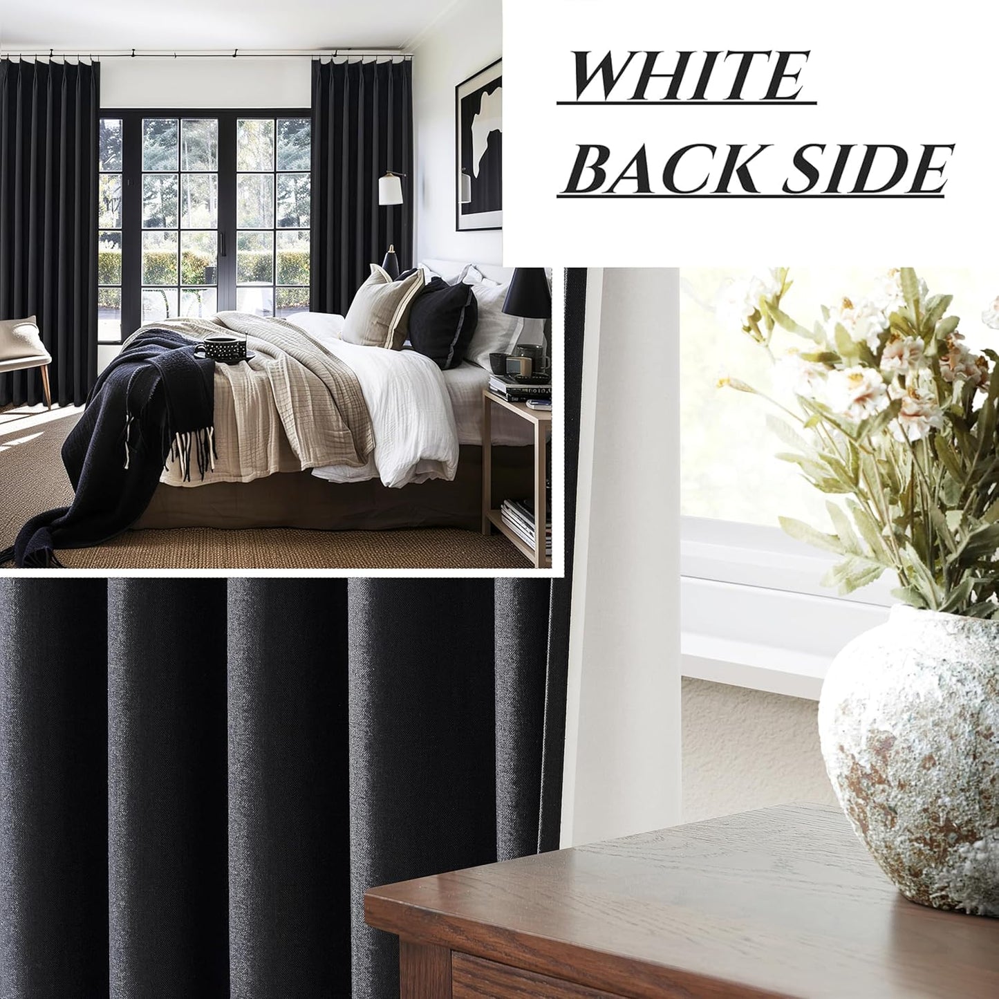 Black Curtains for Bedroom 90 Inches Long, Sound Proof Modern Window Drapes Light Blocking Floor to Ceiling Rod Pocket Linen Pinch Pleated Curtains Blackout Dining Room/Office (40"x90" 2 Panels)