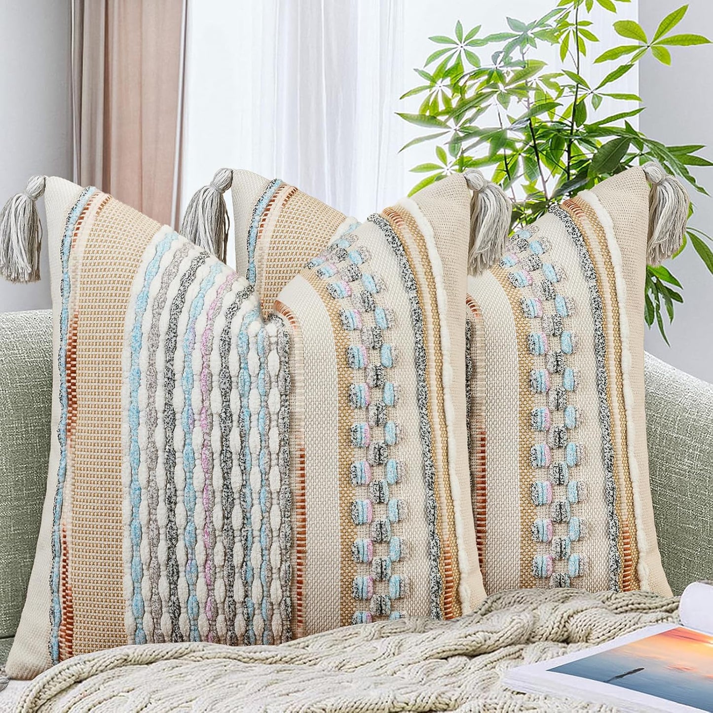 AmHoo Set of 2 Chenille Striped Textured Boho Throw Pillow Covers Aesthetic with Tassels Woven Decorative Pillow Case for Couch Bed Sofa Bedroom Modern Funky 18 x 18-Inch White Multicolor