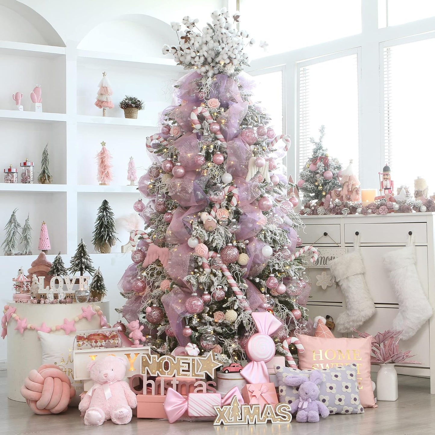 Sea Team Christmas Baubles Set of 48 Shatterproof Clear Plastic Christmas Baubles Multi-Size Decorative Baubles with Stuffed Delicate Decorations (48 Pieces, Pink)