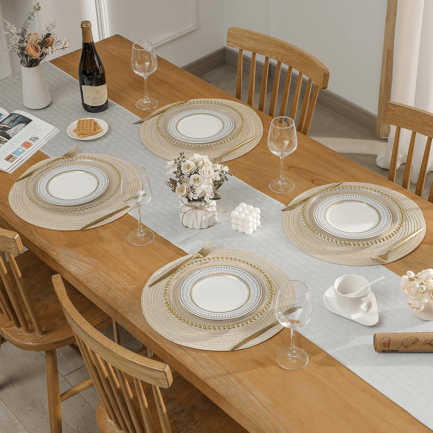 Leetaltree Round Placemats Heat and Slip Resistant Cotton Table Mats, Washable Bohemian Placemats for Dining Tables (Beige, Set of 8)