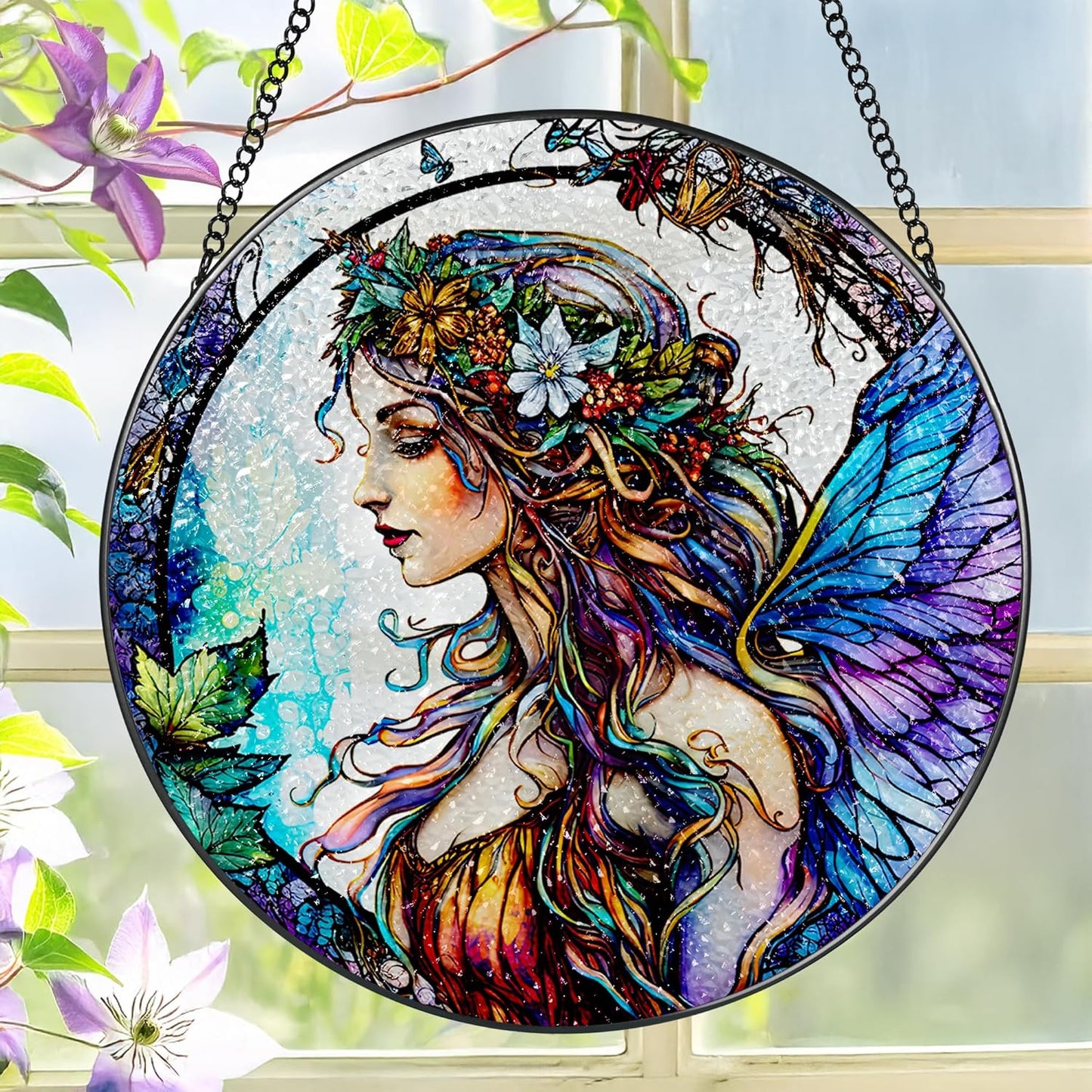 Stained Glass Window Hanging, LAOWEIKI 8'' Fairy Suncatcher, Stained Glass Ornament, Suncatchers for Windows Hanging, Window Decor, Outdoor or Indoor, Gifts for Women, Bestie, Friends