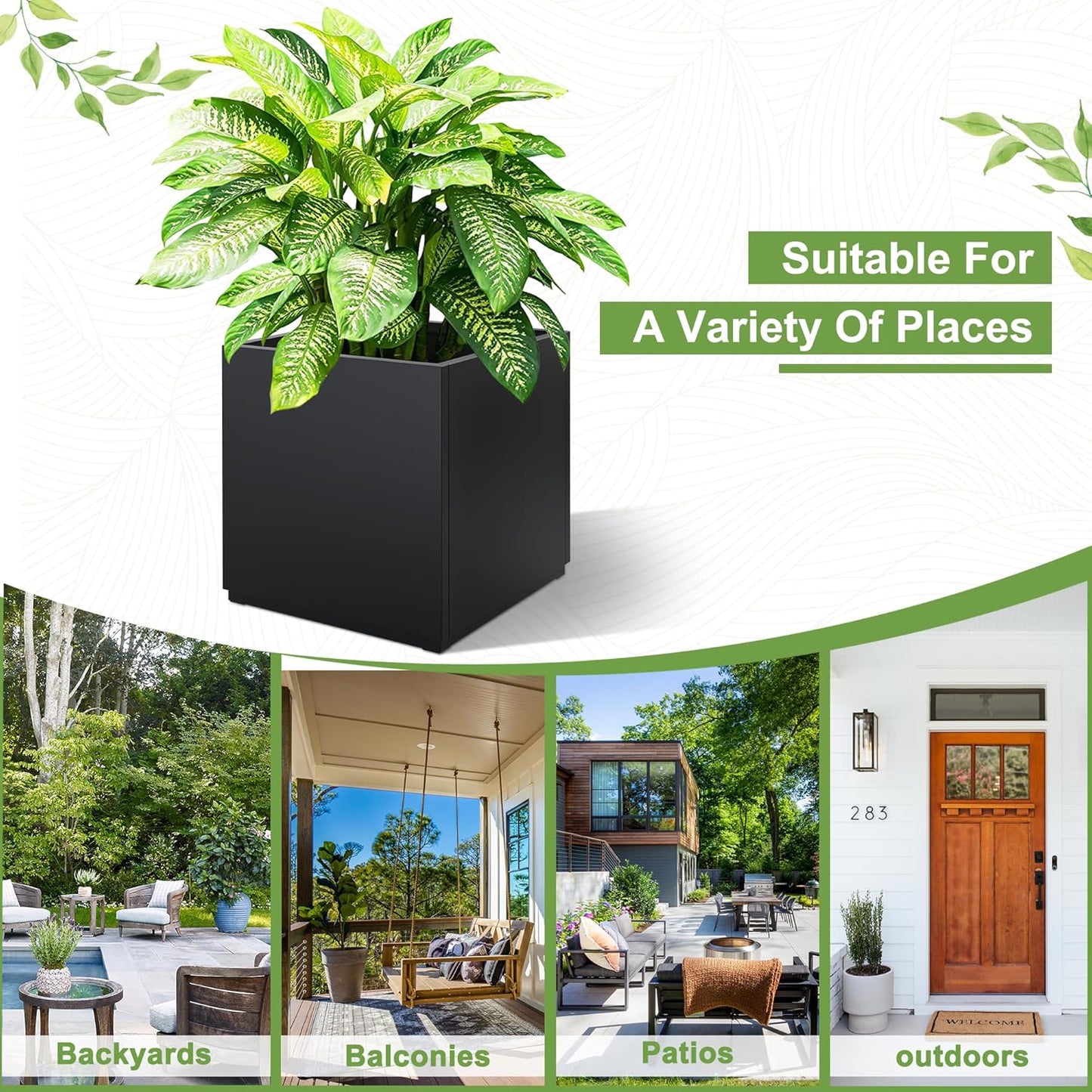 FENCY Large Square Planter 17" L x 17" W x 18" H, Planters for Outdoor Plants, Large Outdoor Planters for Porch Patio, Black Square Planter with Drainage Hole, All-Weather Use Cube Planter