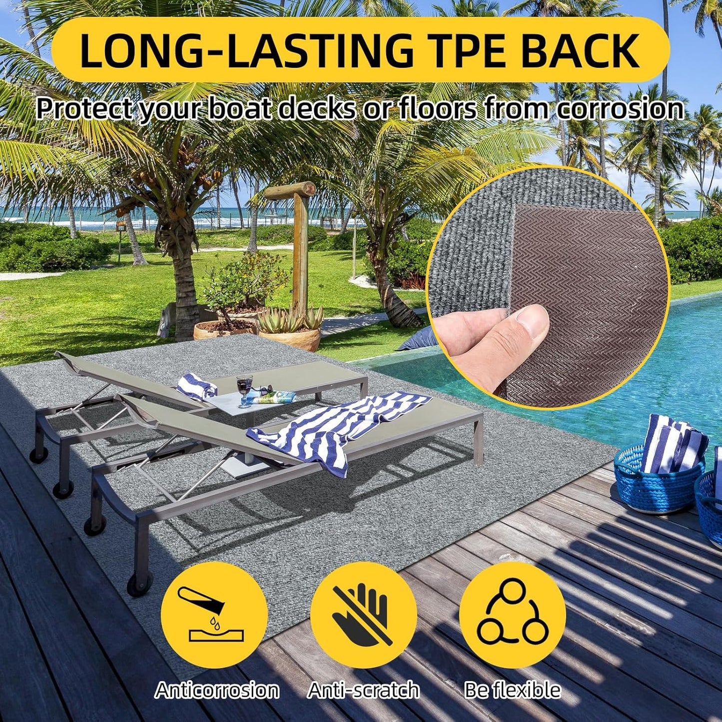 Marine Carpet,5 FT x 10 FT Smoke Gray Indoor Outdoor Carpet 0.2" Thick Boat Carpet with Water-Proof TPE Backing, Non-Slide Outdoor Marine Carpet Roll for Home, Patio, Porch, Deck