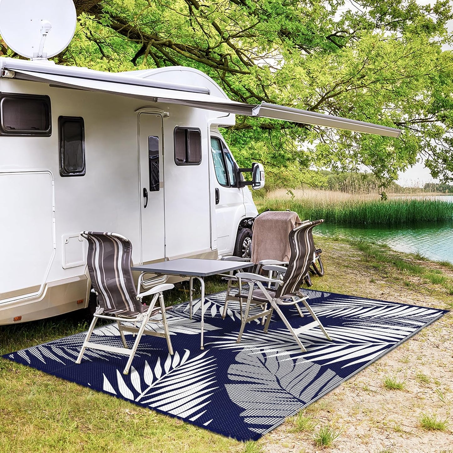 GENIMO Outdoor Rug 5' x 8' Waterproof for Patios Clearance, Reversible Outdoor Plastic Straw Camping Rug Carpet, Large Area Rugs Mats for RV, Picnic, Backyard, Deck, Balcony, Porch, Beach, Blue&White