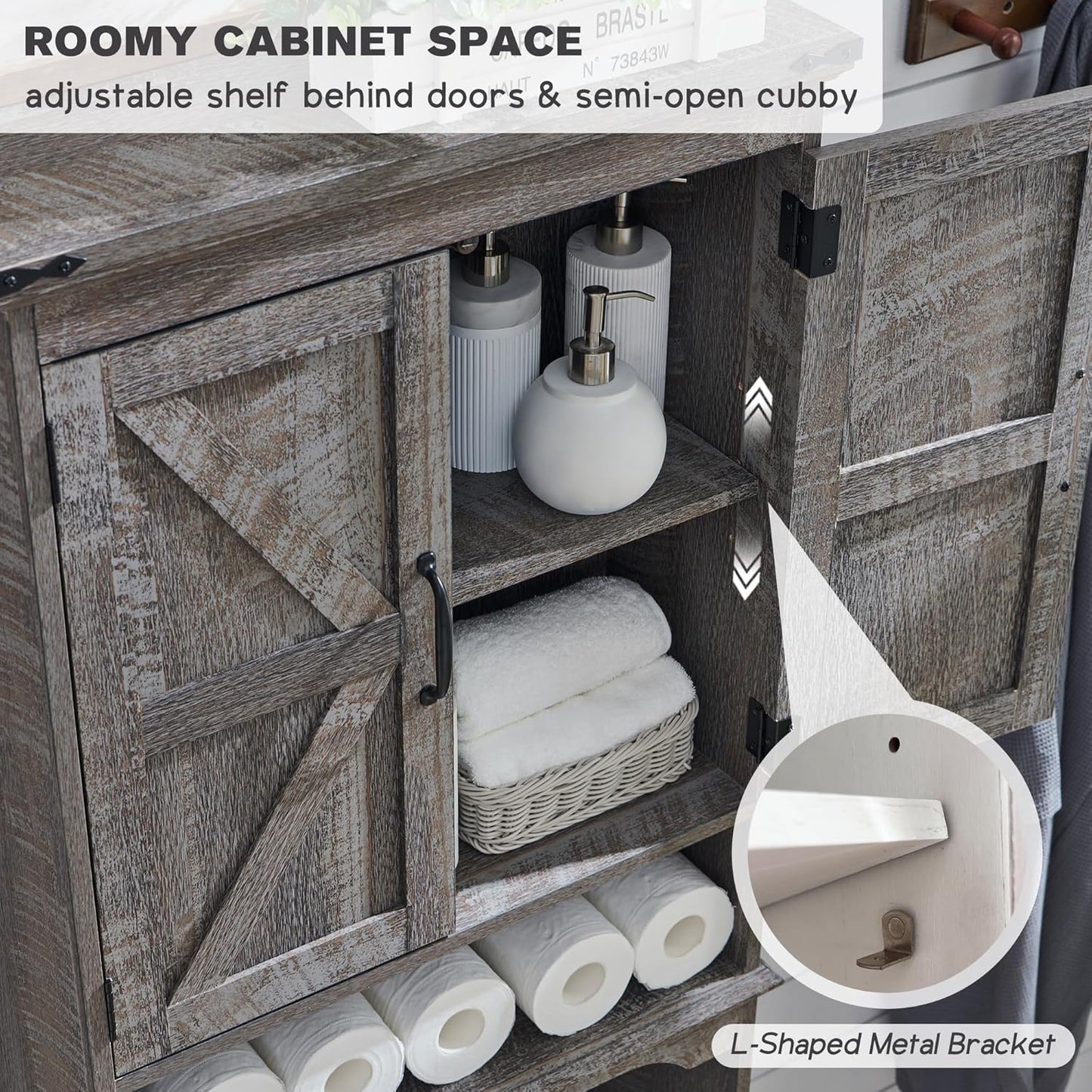 Over The Toilet Storage Cabinet, Farmhouse Bathroom Cabinet with Adjustable Shelf & Barn Door, 67" Tall Over The Toilet Shelf, Grey Wash