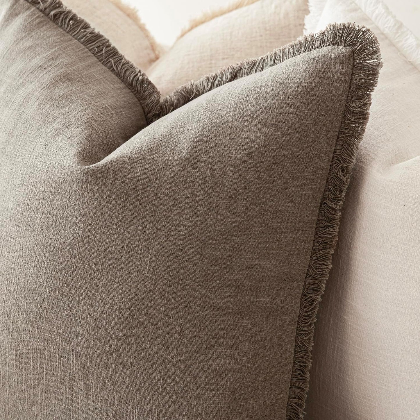 Foindtower Set of 2 Decorative Linen Fringe Throw Pillow Covers Boho Farmhouse Cushion Cover with Tassels Soft Accent Pillowcase for Couch Chair Sofa Bed Living Room Home Decor,18×18 Inch,Brown Tan